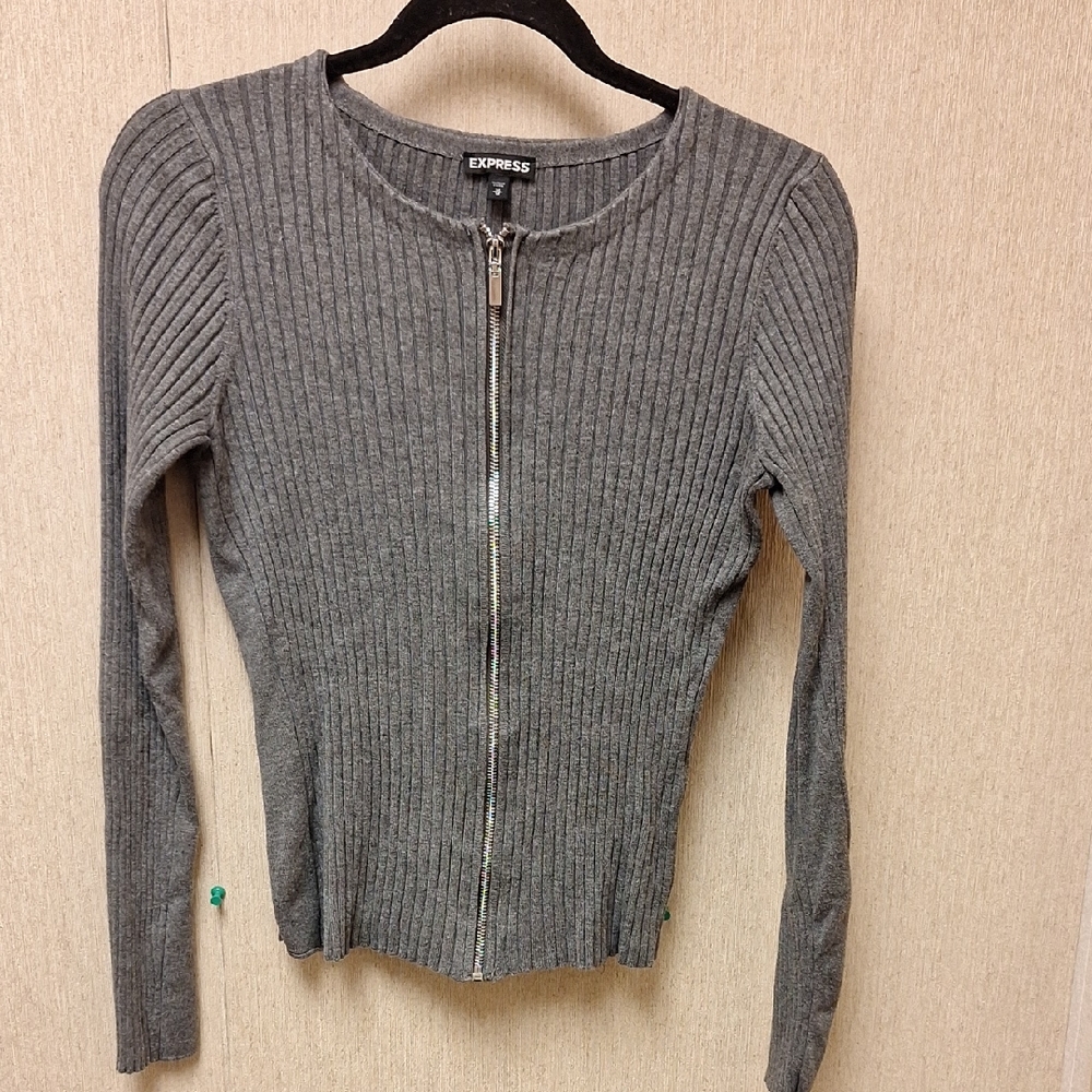 Express Women's Charcoal Ribbed Zip-Up top.